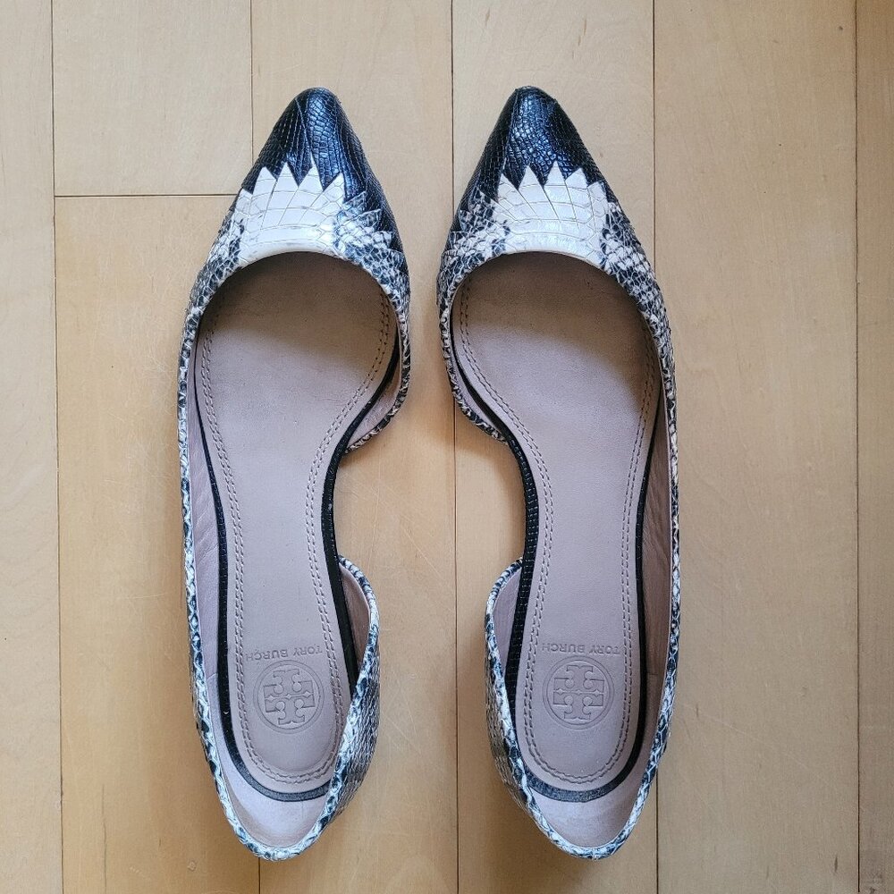 Tory Burch D’Orsay Leather Snakeskin Embossed Pointed Toe Flats